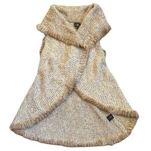 MK Metric Knits Fur Collection Soft Knit Rabbit Fur Trim Vest Shawl M/L Tan